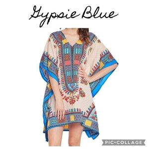 Gypsie Blue Kaftan swim Cover Up bohemian boho tunic mini dress One Size NWT
